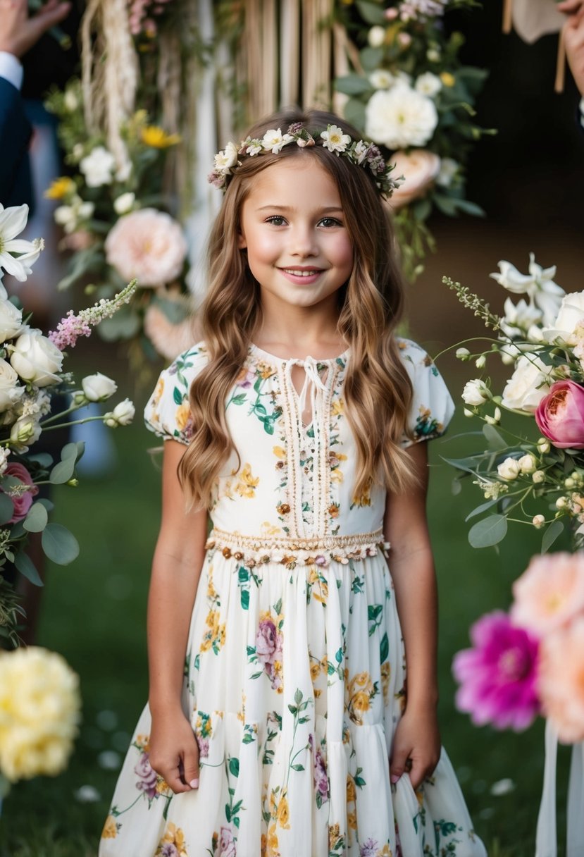 A young girl in a boho chic flower dress, surrounded by wedding decor and flowers, exuding a whimsical and carefree vibe