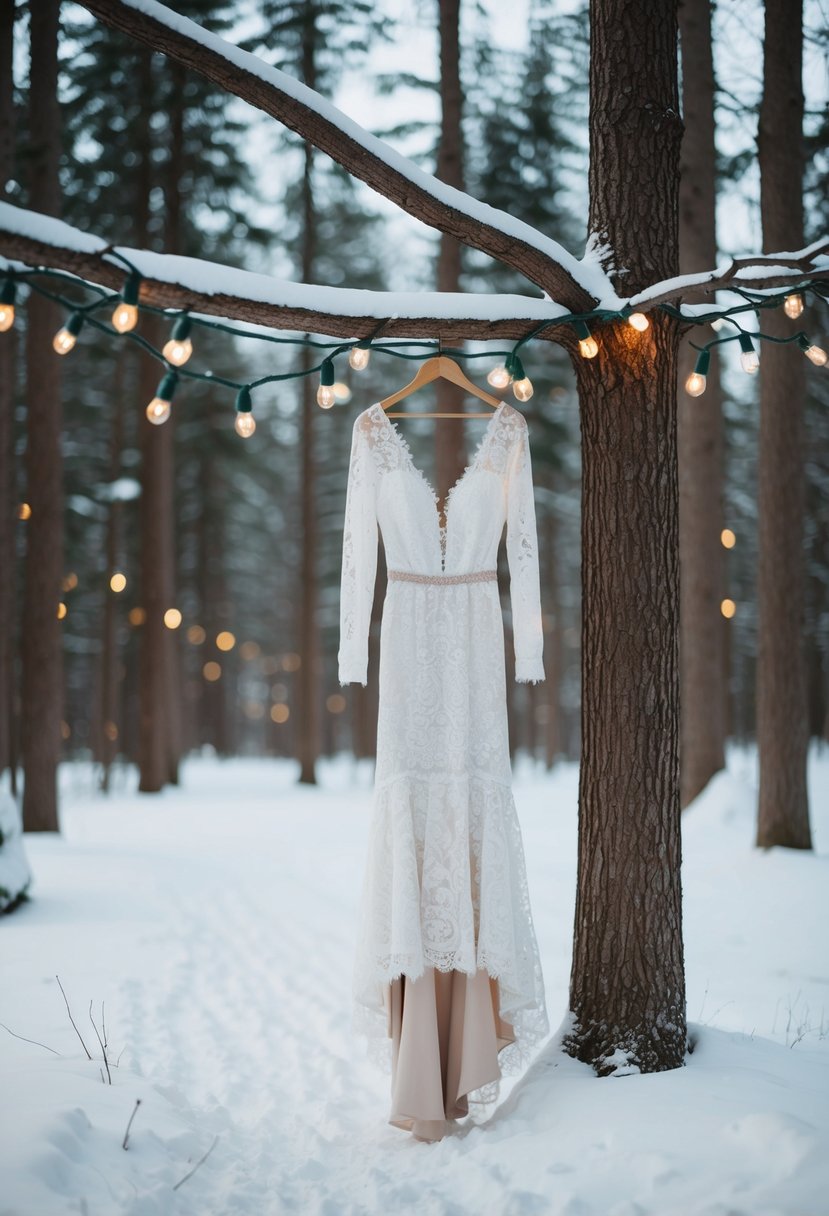 A snow-covered forest clearing with a lace long sleeve gown draped over a tree branch, surrounded by twinkling fairy lights