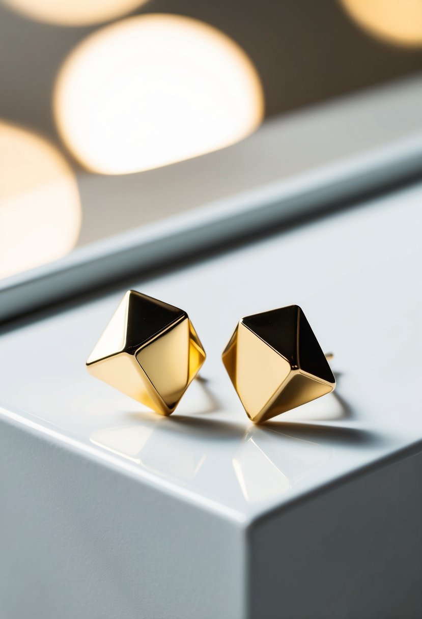 Two geometric gold earrings on a sleek white surface, with soft lighting accentuating their modern design