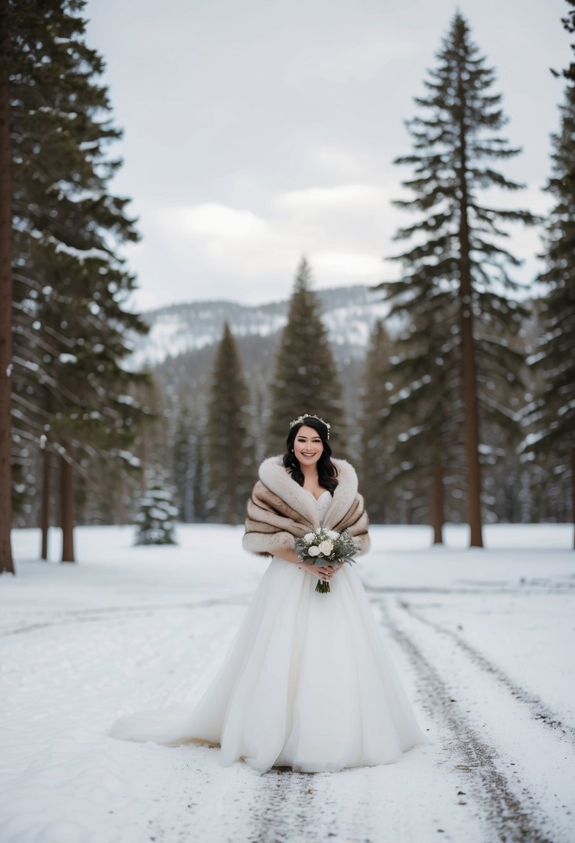 A snowy forest clearing with a bride in a winter wedding dress wearing a faux fur bridal wrap, surrounded by tall pine trees and a dusting of snow on the ground