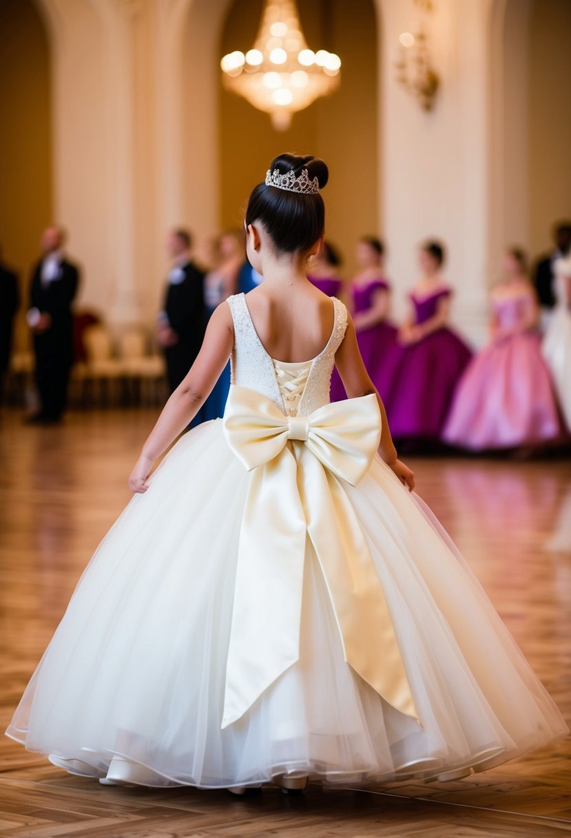 A young girl twirls in a grand ballroom, wearing a princess ballgown adorned with a large bow at the back. The dress is fit for a royal wedding