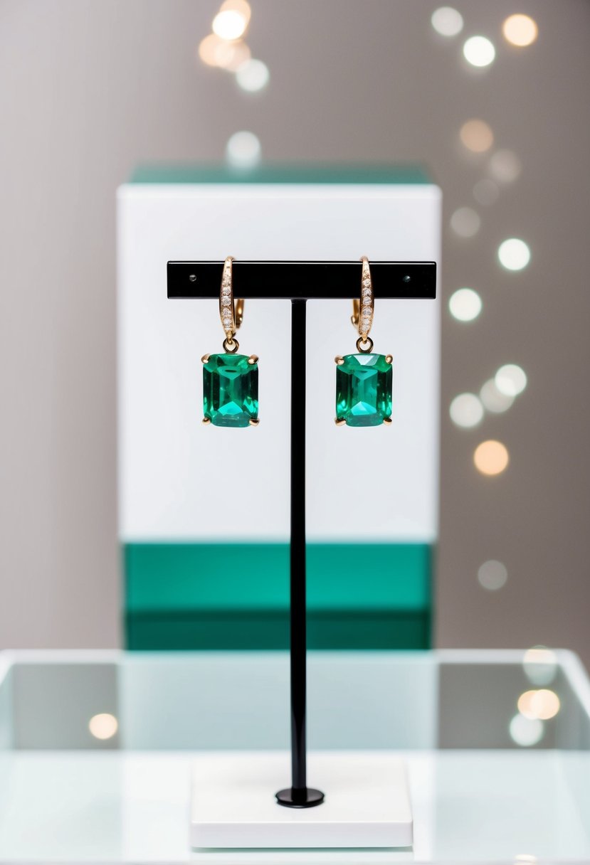 Emerald earrings on a sleek white display, with minimalist background