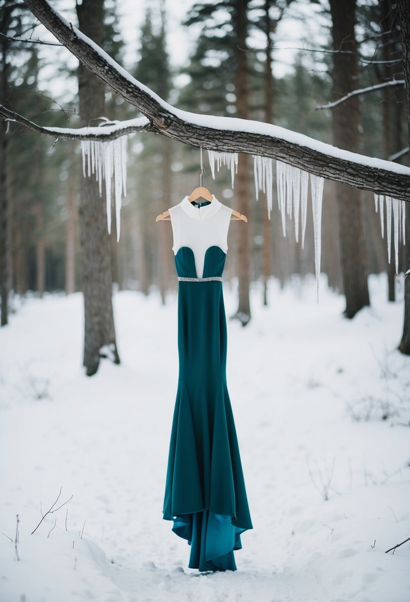 A snow-covered forest clearing with a lone high-neck silhouette gown hanging from a tree branch, surrounded by delicate icicles