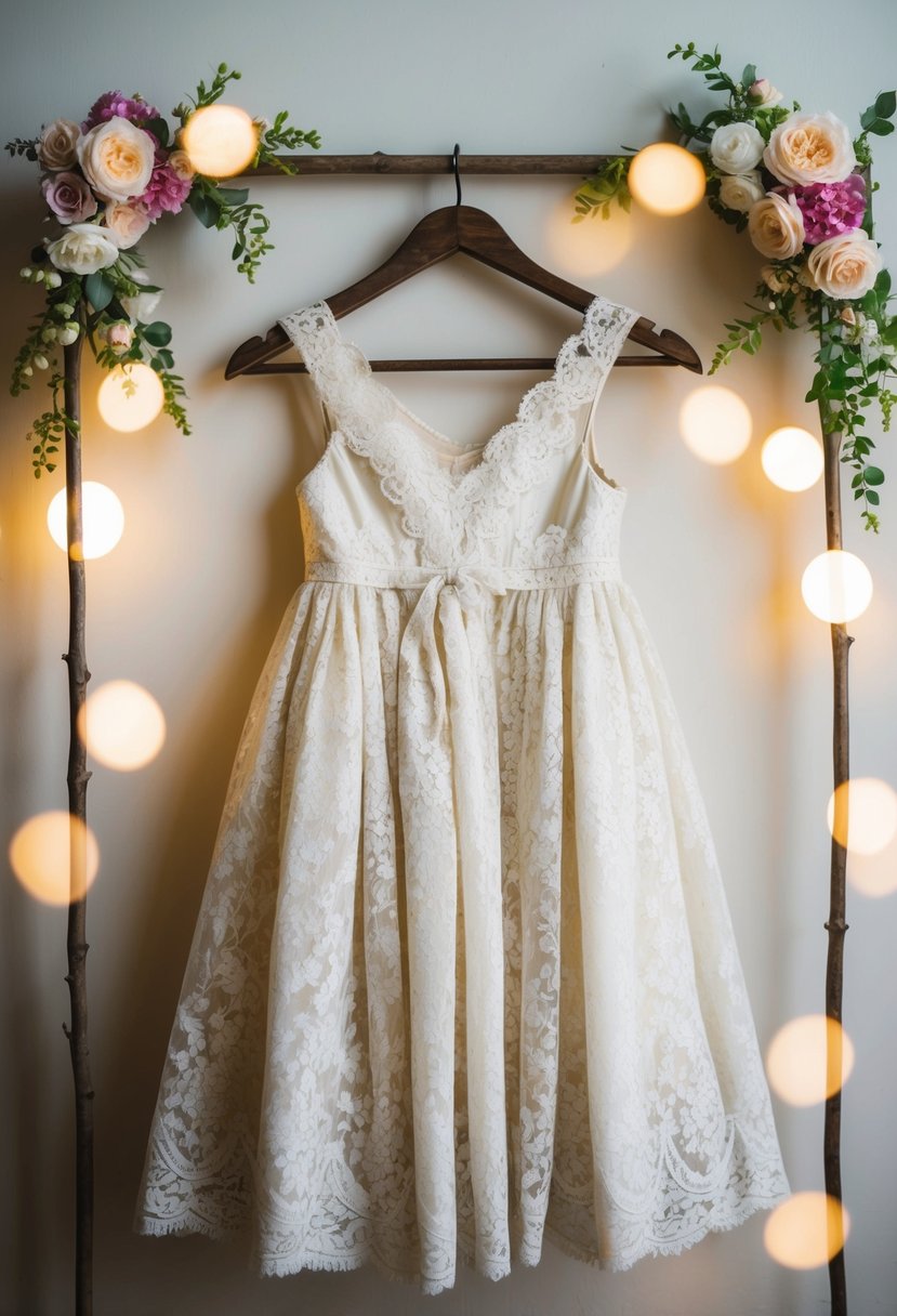 A delicate vintage lace dress, size 7-8, hangs on a rustic wooden hanger, surrounded by soft, romantic lighting and floral accents