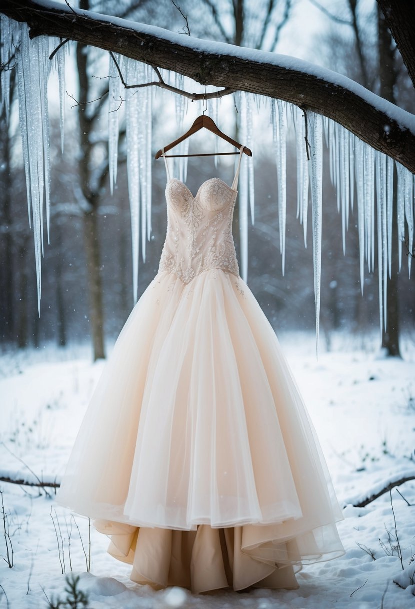 A snowy forest clearing with a grand organza ball gown hanging from a tree branch, surrounded by delicate icicles and twinkling snowflakes