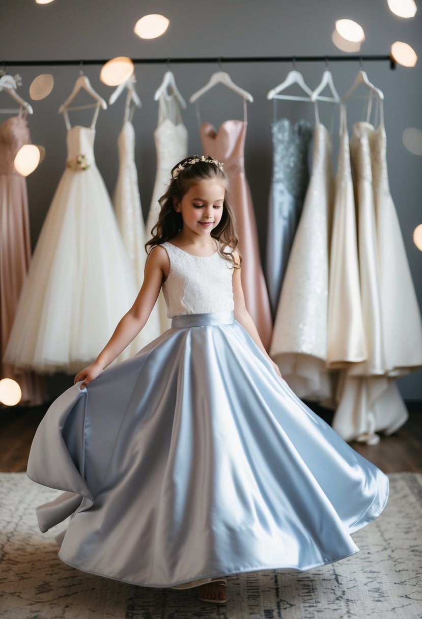 A young girl twirls in a satin skirt, surrounded by wedding dress ideas