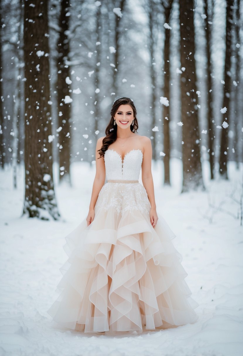 A bride stands in a snowy forest, wearing a tulle layered skirt winter wedding dress, with delicate snowflakes falling around her