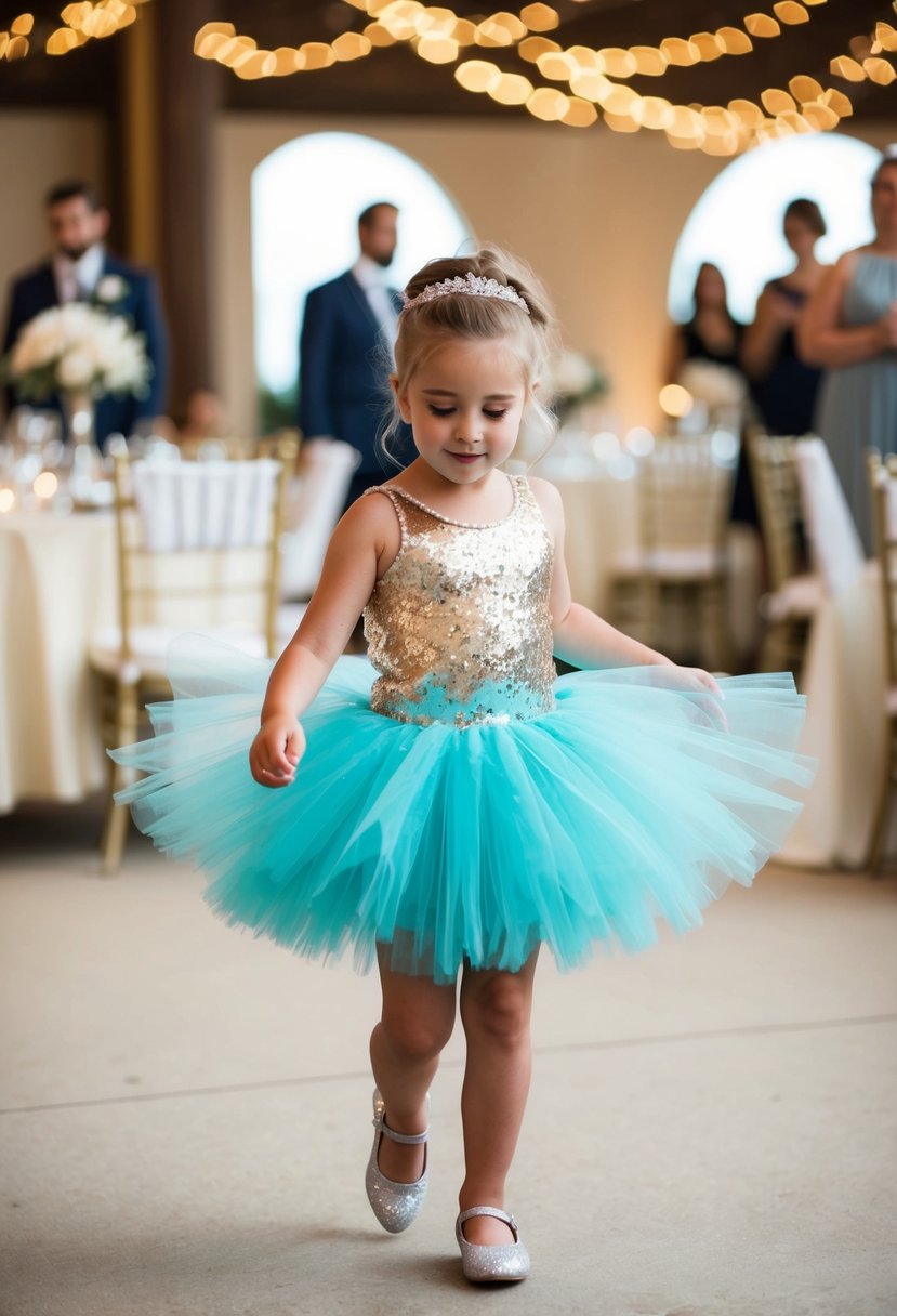 A young girl twirls in a sequined tutu dress, surrounded by wedding decor