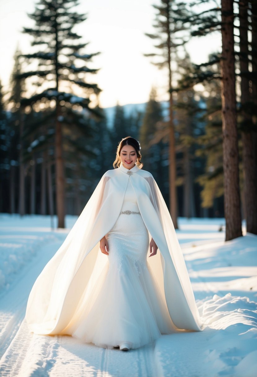 A winter bride wearing a flowing bridal cape, walking through a snowy forest with pine trees and a soft glow from the setting sun