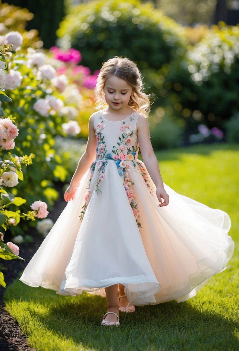 A young girl twirls in a garden, wearing a floral applique gown with delicate details, surrounded by blooming flowers and lush greenery