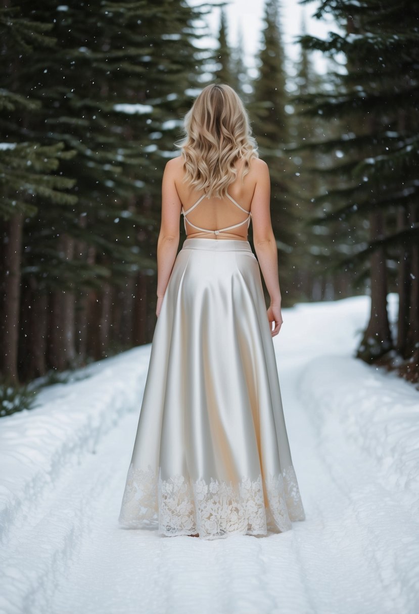 A satin skirt with lace flows gracefully on a snowy woodland path, surrounded by evergreen trees and delicate snowflakes