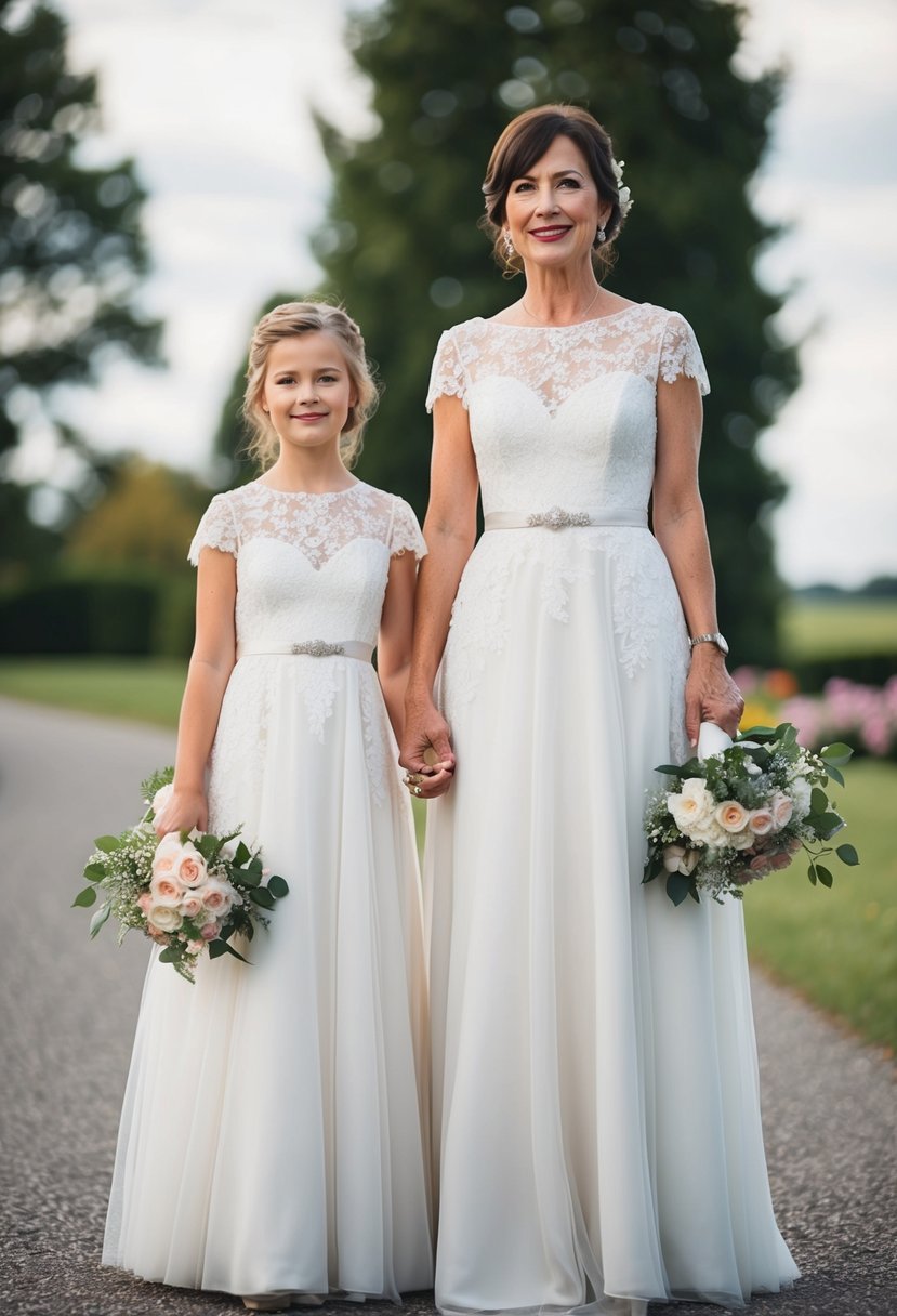 A mother and daughter stand side by side, wearing matching dresses with delicate lace and floral details, ready for a wedding celebration