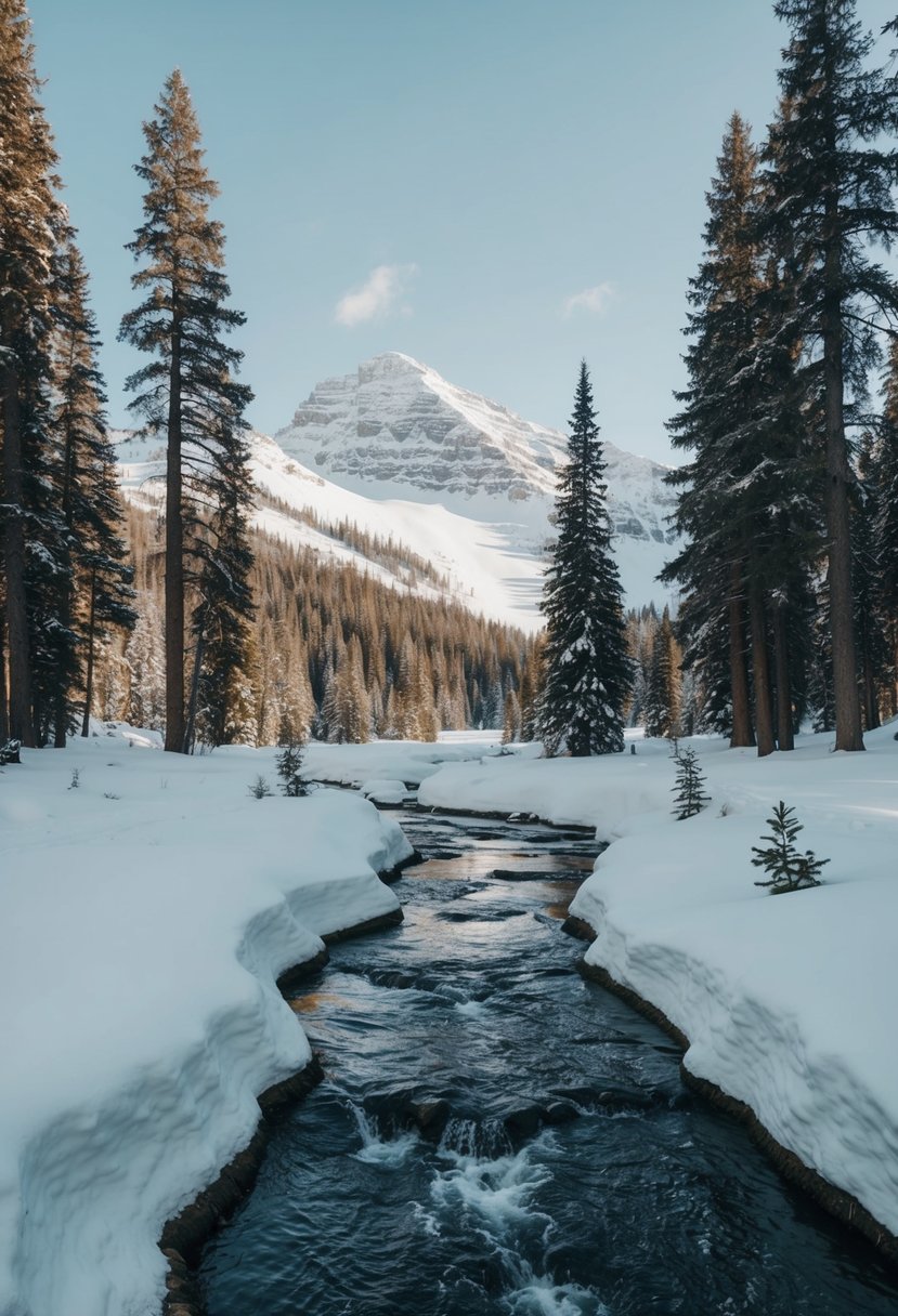 A snowy forest clearing with a sparkling stream, surrounded by tall pine trees and snow-capped mountains in the background