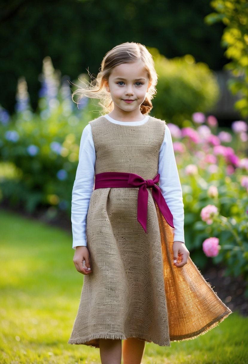 A young girl in a rustic burlap sash dress, standing in a garden with flowers, a gentle breeze blowing her dress