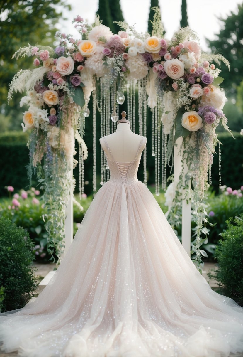 A whimsical garden setting with cascading sparkly tulle, fantasy-inspired floral elements, and delicate lace details