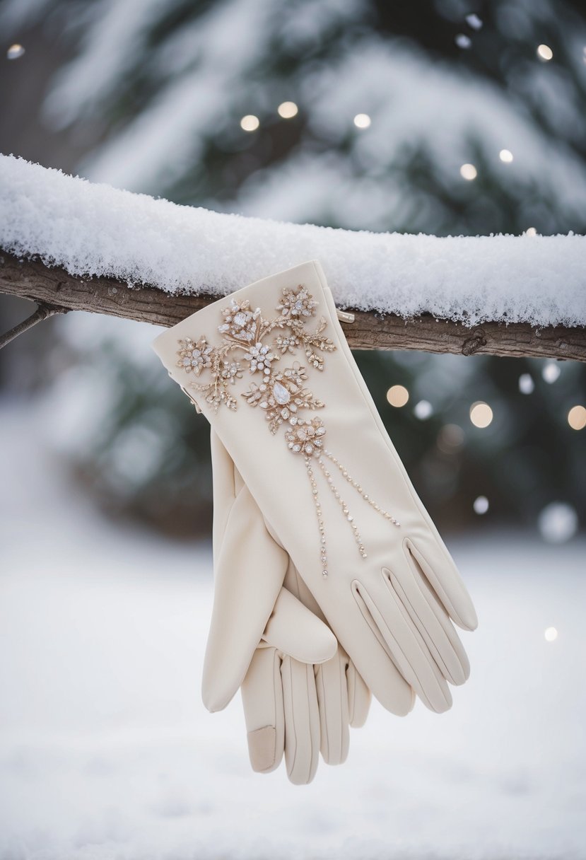 A pair of elegant, embellished bridal gloves rests delicately on a snow-covered branch, surrounded by sparkling winter wedding dress ideas