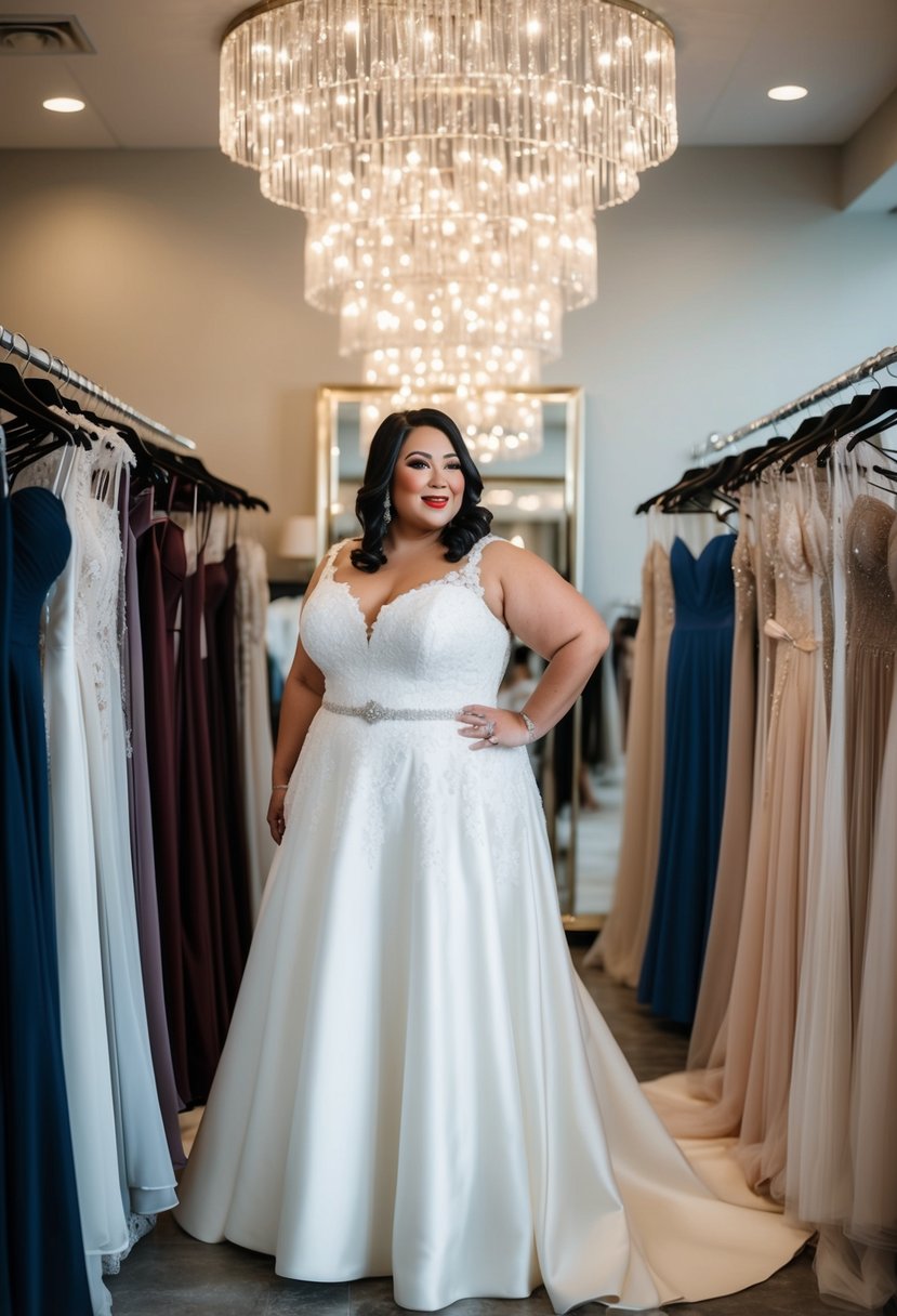 A curvy bride over 40 tries on elegant wedding dresses in a boutique, surrounded by racks of flowing gowns and twinkling chandeliers