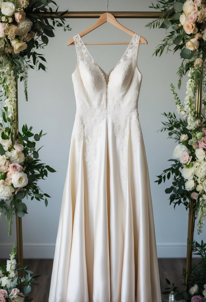 A delicate ivory silk dress with intricate lace detailing, hanging on a hanger, surrounded by floral arrangements and wedding decor