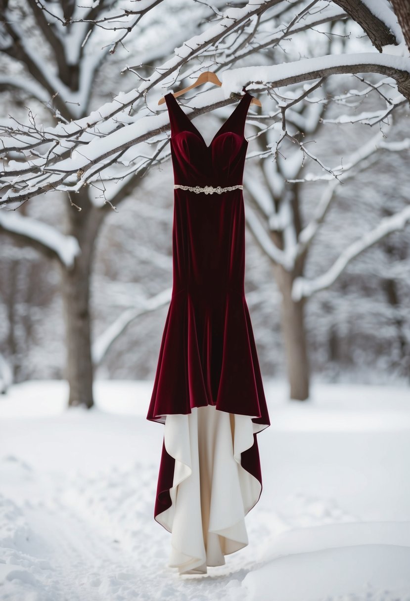 A luxurious velvet wedding dress draped over a snow-covered tree branch