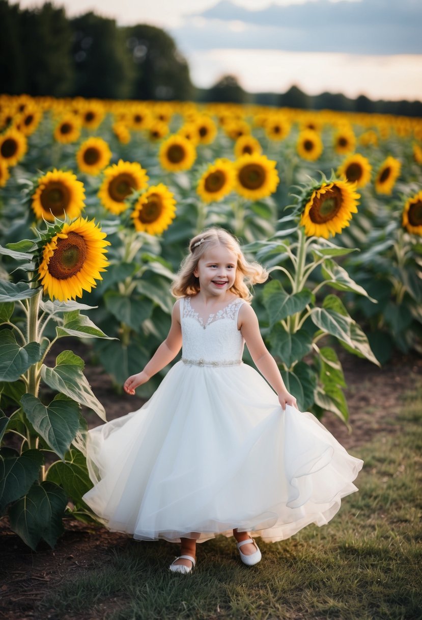 A sunflower field with purple accents, a flowing wedding dress, and a young girl twirling in delight