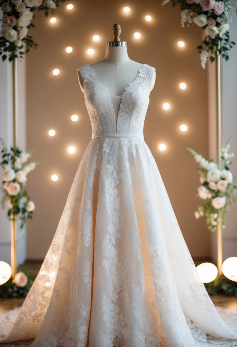 An elegant lace A-line gown displayed on a mannequin, surrounded by soft lighting and delicate floral accents