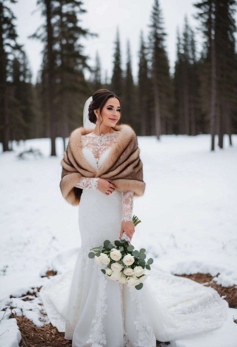 A snowy forest clearing with a bride in a long-sleeved lace gown, wearing a fur shawl and holding a bouquet of white roses