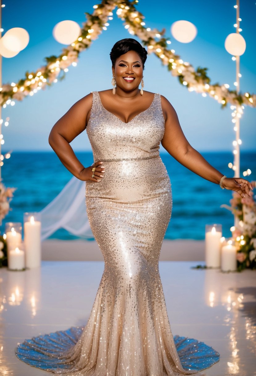 A curvy bride over 40 stands in a shimmering sequin mermaid dress, surrounded by twinkling lights and ocean-inspired decor