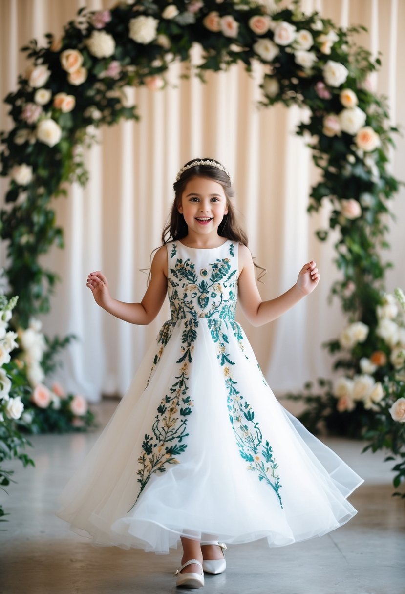 A young girl twirls in a custom embroidered dress, surrounded by wedding decor and floral arrangements, beaming with excitement