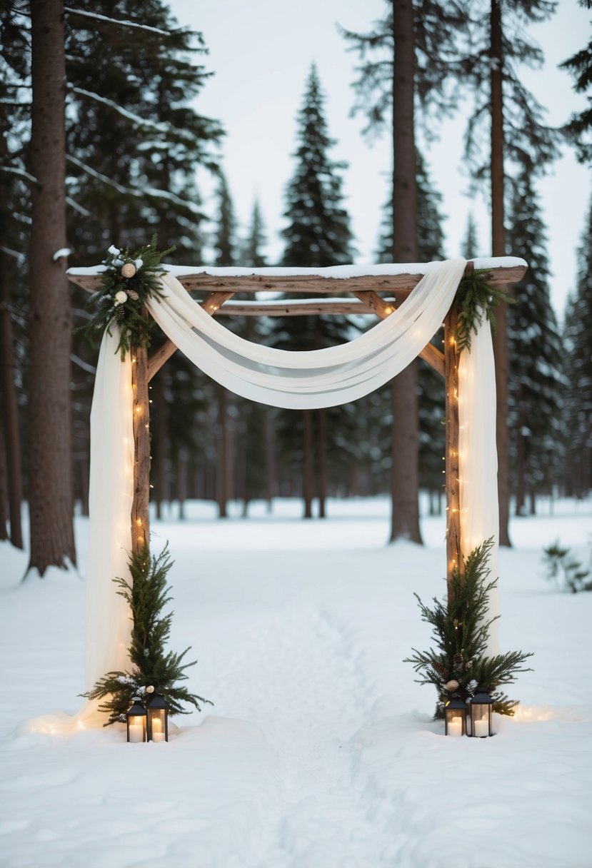 A snowy forest clearing with a rustic wooden arch adorned with twinkling lights and draped in soft, white fabric