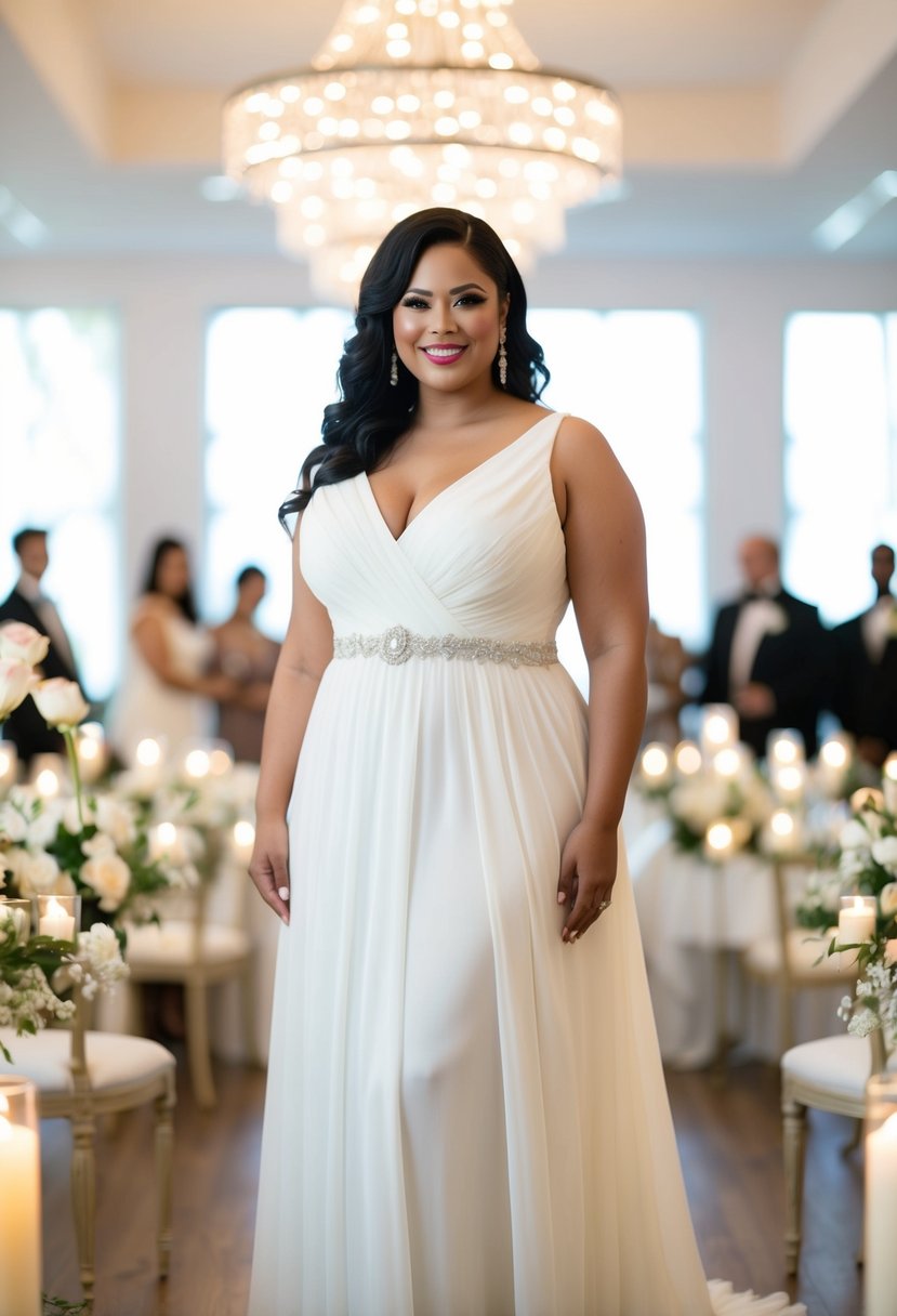 A curvy bride in a sophisticated chiffon empire waist wedding dress, surrounded by elegant decor and soft lighting