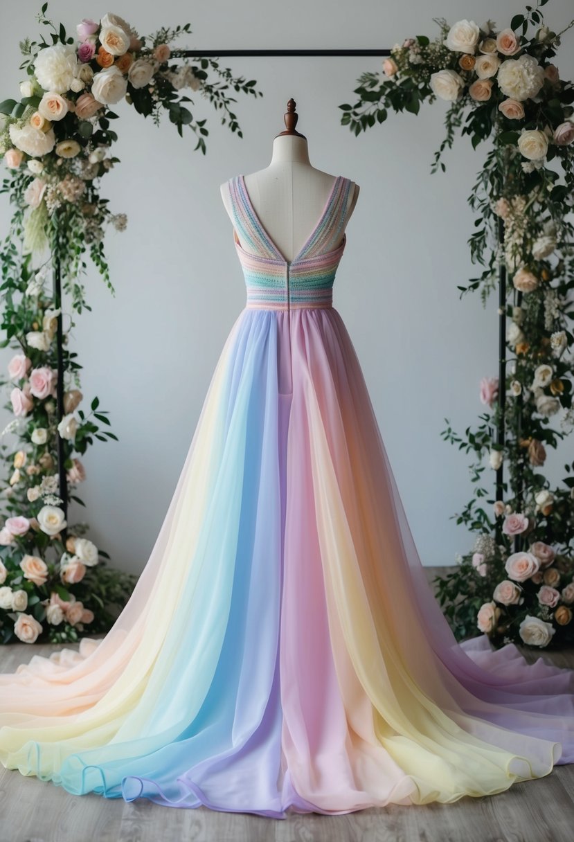 A flowing pastel rainbow dress on a mannequin, surrounded by floral wedding decor