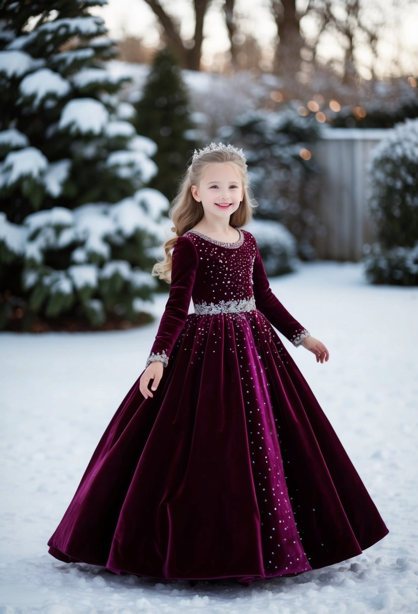 A young girl in a luxurious velvet winter gown, with delicate lace and sparkling embellishments, twirling in a snow-covered garden