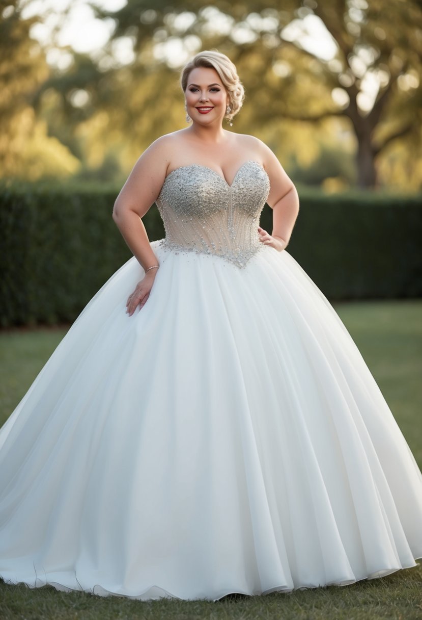 A full-length ball gown with a beaded bodice, designed for curvy brides over 40