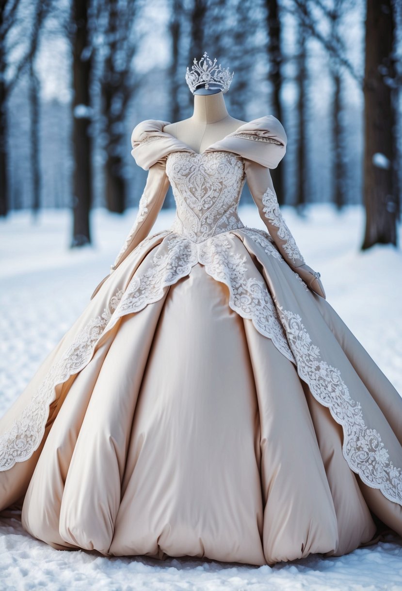 A grand puffer gown with intricate lace details, a flowing train, and a sparkling tiara, set against a snowy forest backdrop