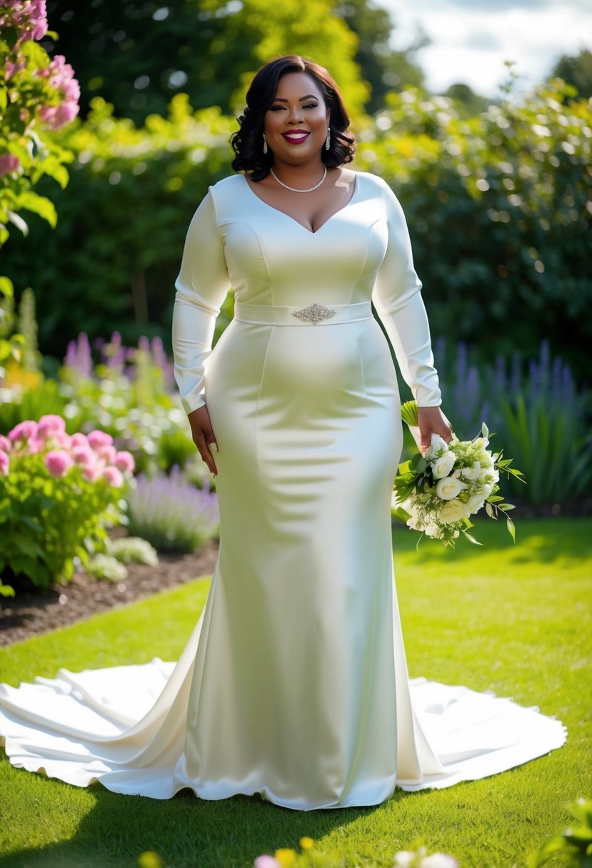 A curvy bride over 40 stands in a lush garden, wearing a classy long sleeve satin dress with a flowing train, surrounded by blooming flowers and greenery