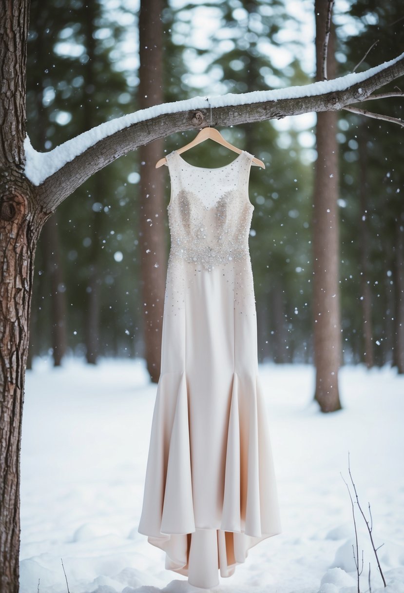 A snowy forest clearing with a beaded illusion back dress hanging from a tree branch, surrounded by delicate snowflakes