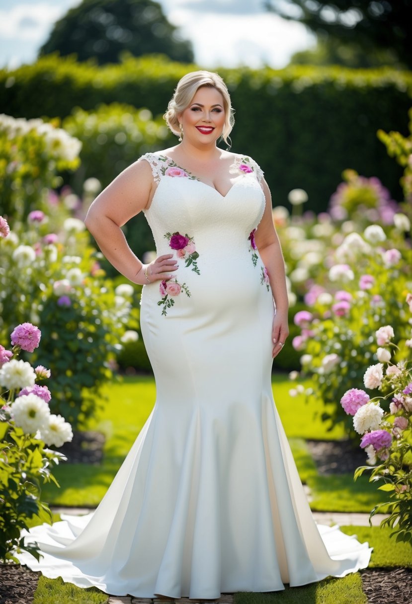 A curvy bride over 40 stands in a garden surrounded by blooming flowers, wearing a fit and flare wedding dress adorned with floral appliqué