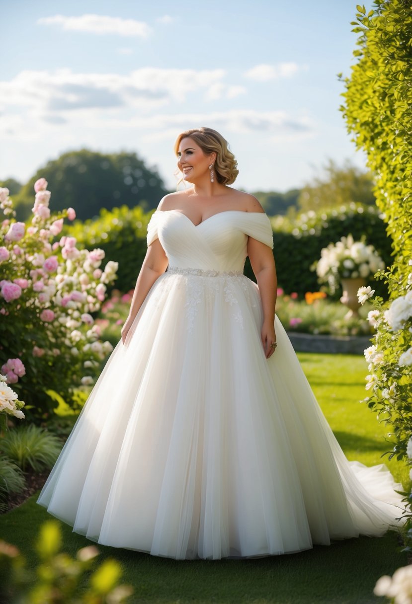 A curvy bride over 40 wearing a graceful off-shoulder tulle ball gown, standing in a garden surrounded by blooming flowers and lush greenery