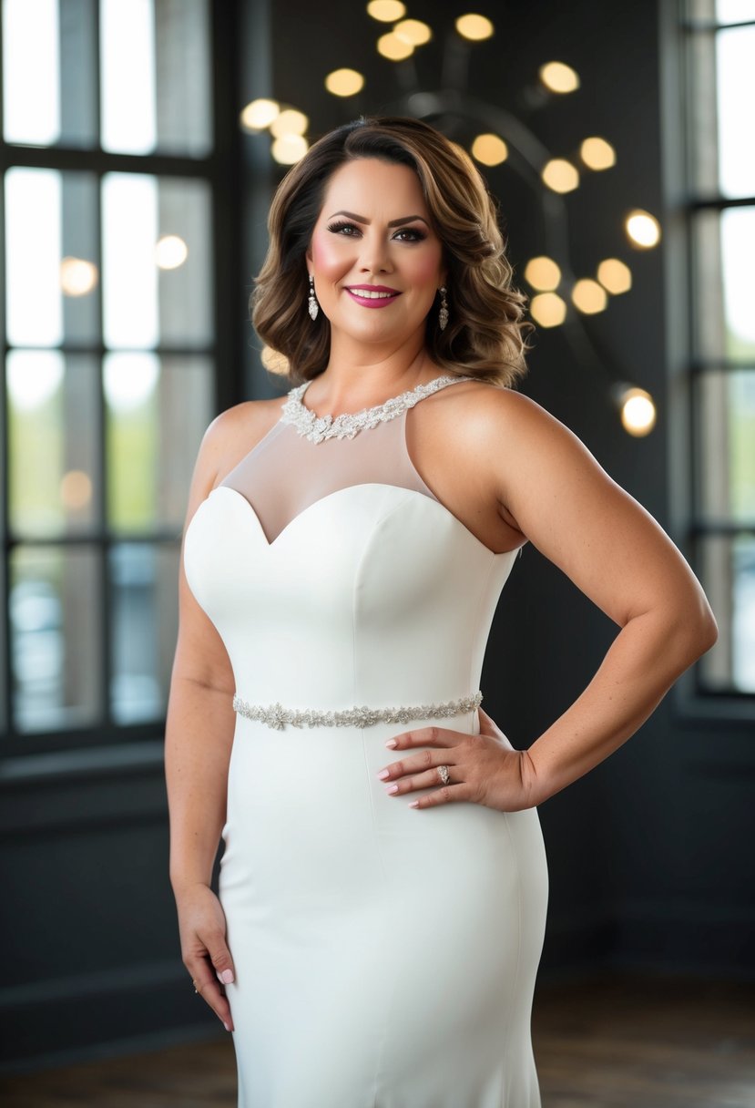 A curvy bride in her 40s wearing a chic sheath dress with an illusion neckline, standing confidently