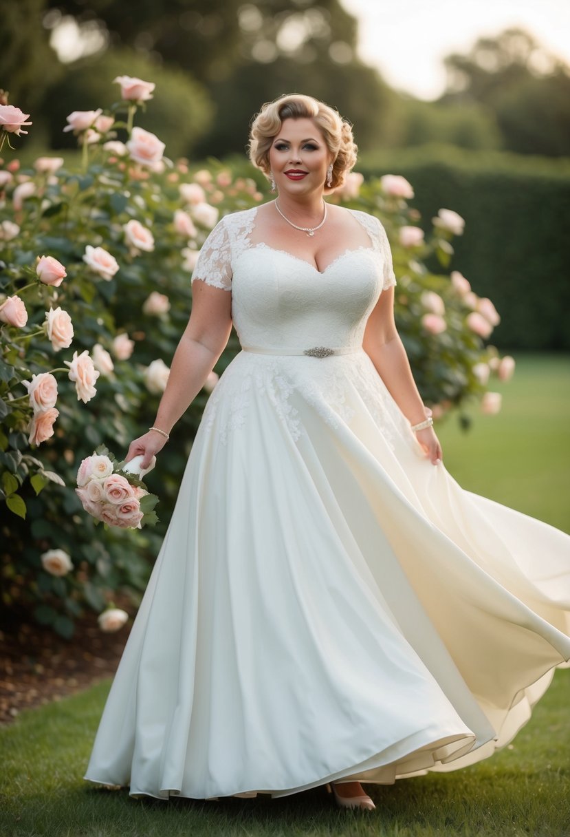 A curvy bride in her 40s twirls in a tea-length, vintage-inspired wedding dress, surrounded by blooming roses and lace details