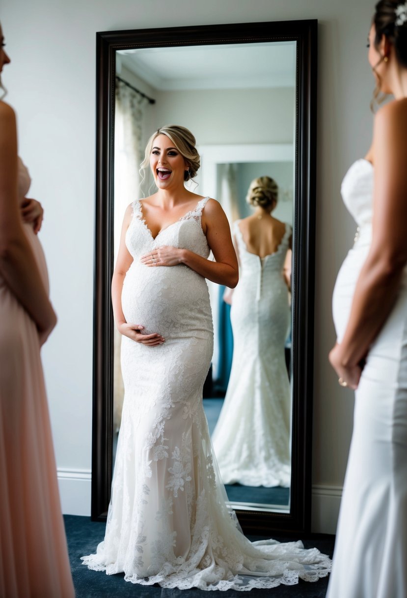 A glowing bride-to-be in her 5th month of pregnancy, standing in front of a full-length mirror, trying on various wedding dresses, with a mix of excitement and anticipation on her face