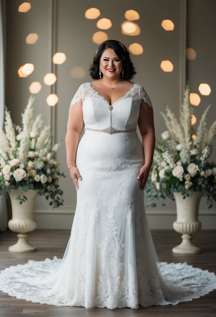 A curvy bride over 40 stands in a lace gown, surrounded by timeless elegance and romance