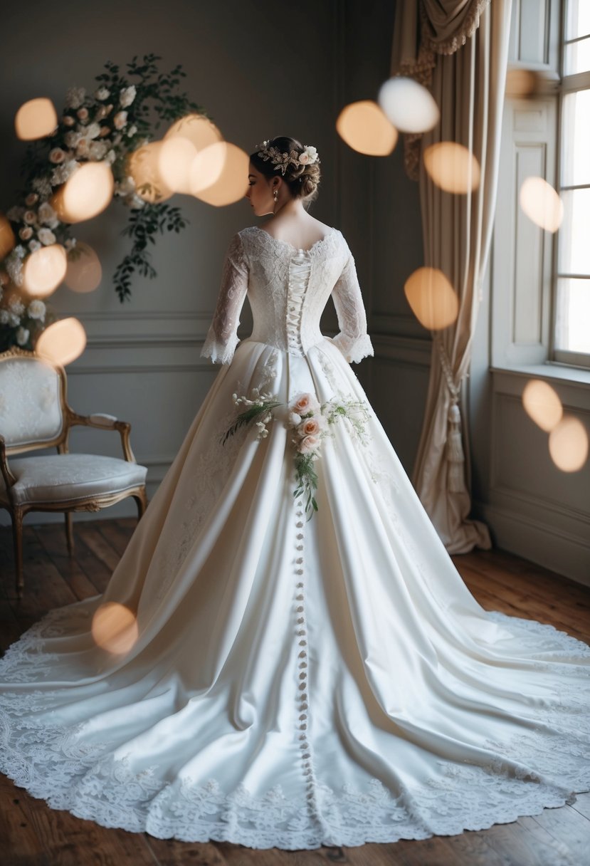 An elegant 1800s wedding gown with intricate lace and flowing silk, adorned with delicate floral accents and a sweeping train