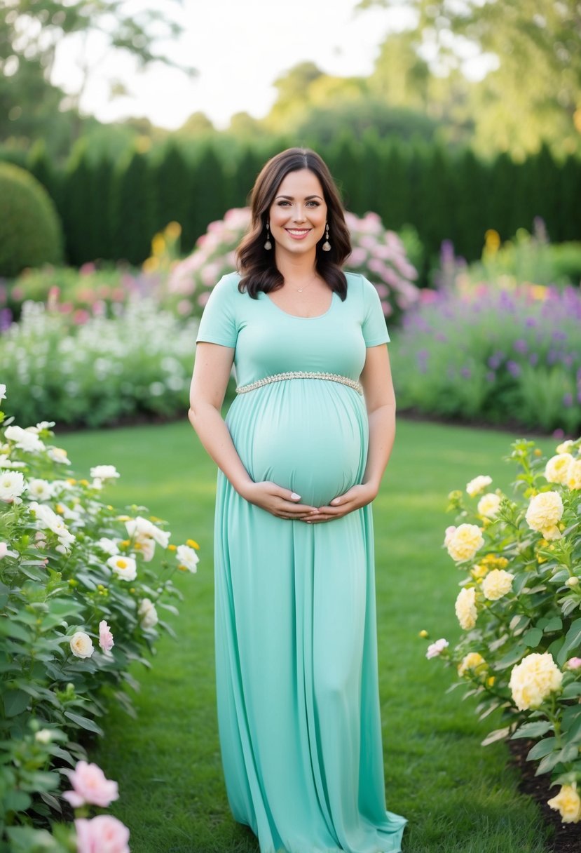 A pregnant woman in an empire waist maxi dress smiles while standing in a garden, surrounded by blooming flowers and a serene atmosphere