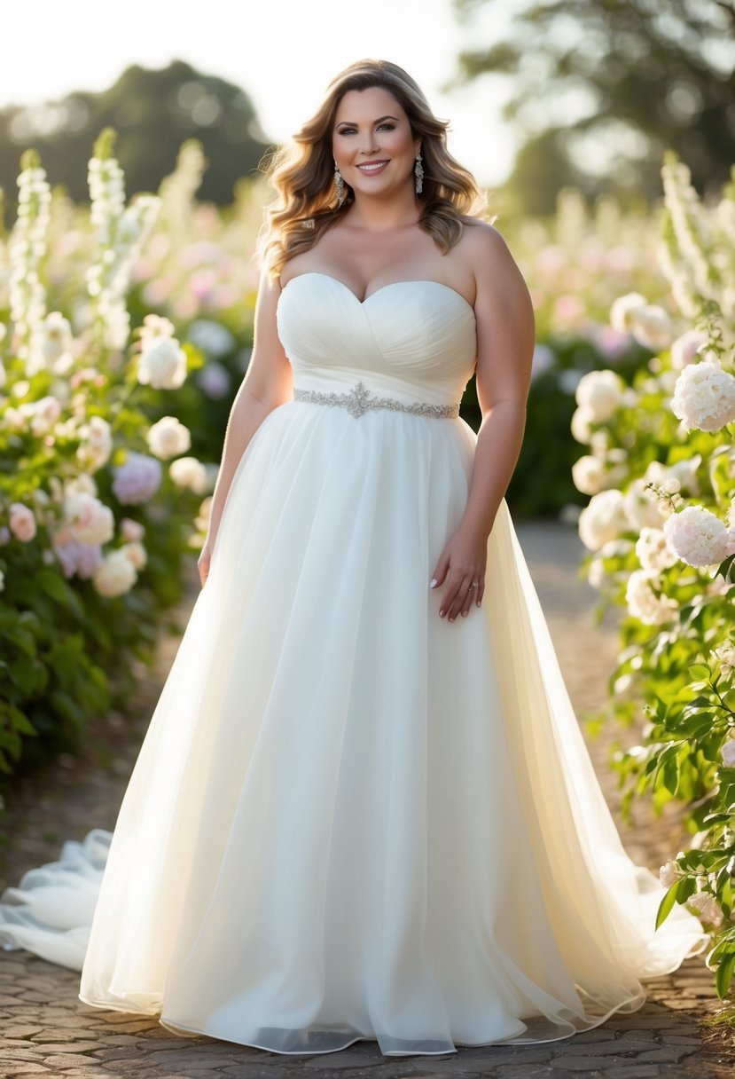 A curvy bride over 40 stands in a strapless organza dress, surrounded by blooming flowers and soft natural light