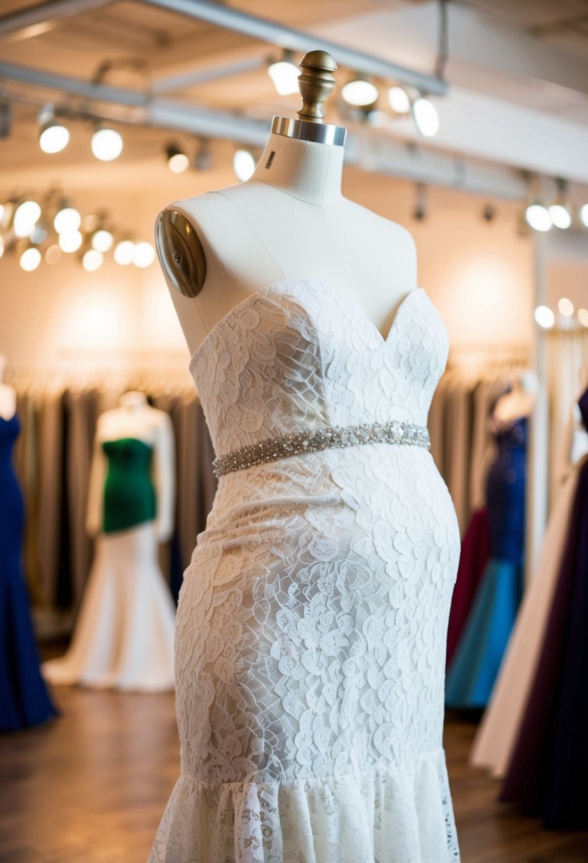 A lace trumpet gown with extra fabric around the waist to accommodate a growing bump, displayed on a mannequin