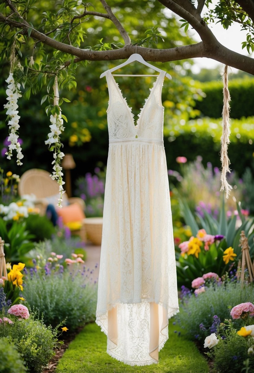 A lush garden setting with a flowing lace maxi dress hanging from a tree branch, surrounded by whimsical boho decor and flowers