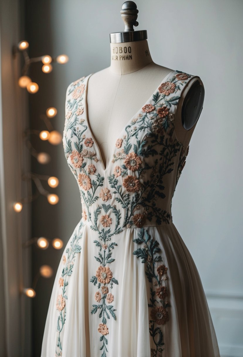 A bohemian-inspired gown with intricate floral embroidery, reminiscent of 1800s wedding dress fashion, drapes elegantly over a vintage mannequin