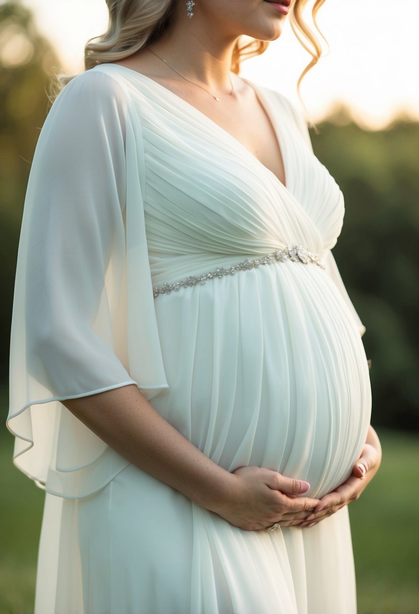 A soft chiffon A-line wedding dress gently drapes over a subtle baby bump, with delicate pleats and flowing fabric