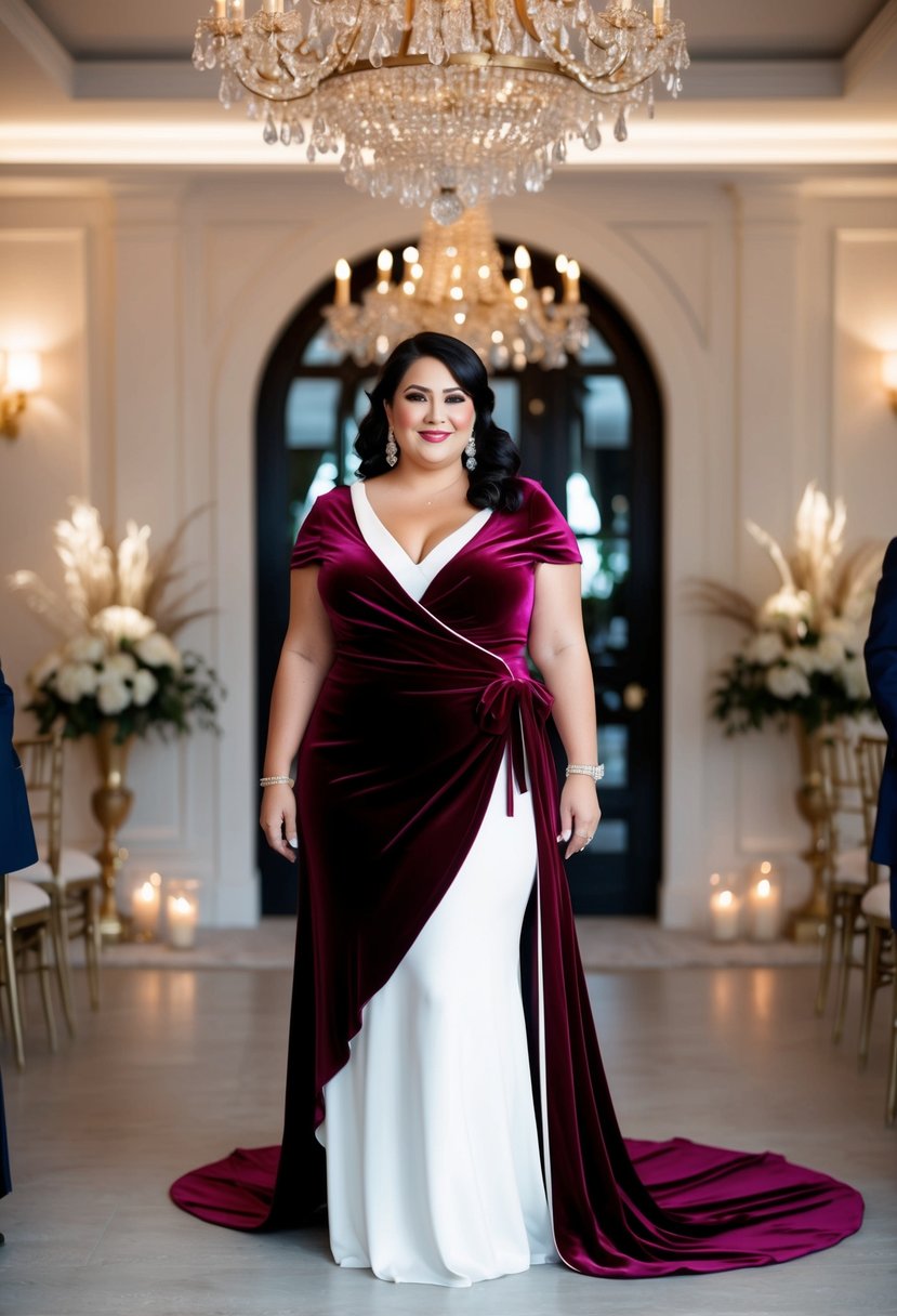 A curvy bride over 40 stands in a luxurious velvet wrap dress, surrounded by elegant wedding decor